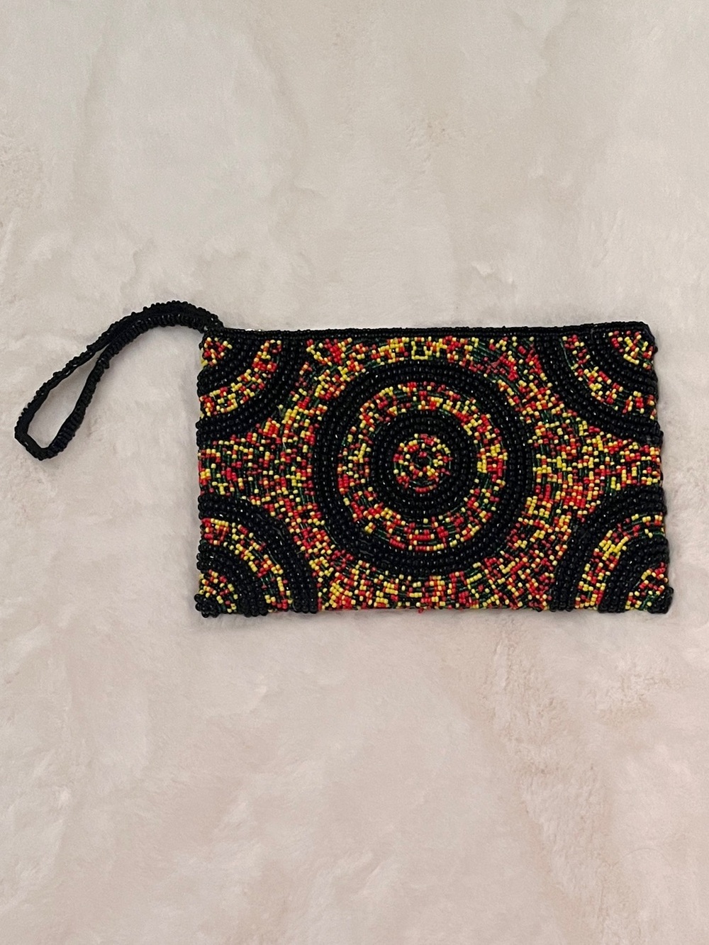 Handmade African Beaded Wristlet Pouch - Black, Red, Yellow, Green - NWOT